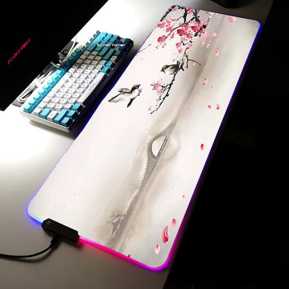 Sakura RGB Mouse Pad Gamer Accessories Large Pink LED Light Mousepads XXL Gaming PC Computer Desk with Backlit Rubber Mouse Mat