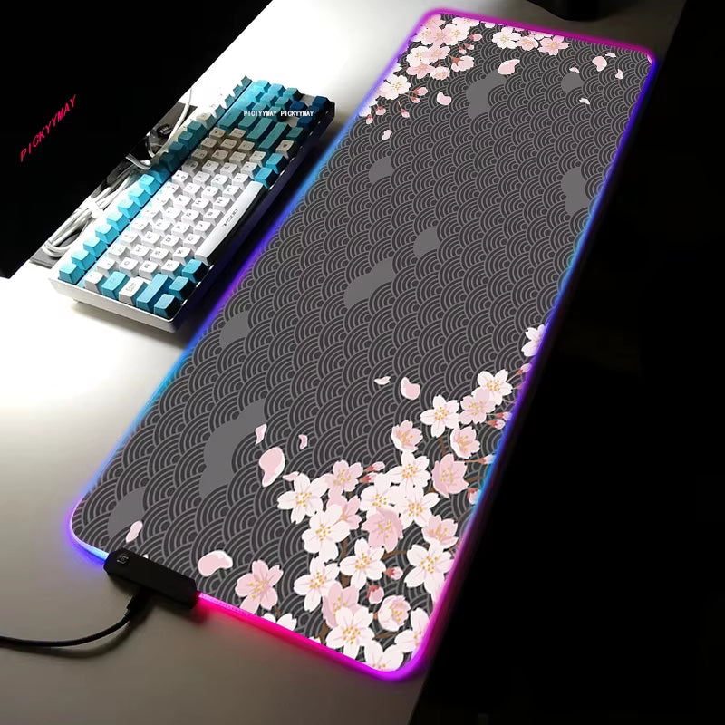 Sakura RGB Mouse Pad Gamer Accessories Large Pink LED Light Mousepads XXL Gaming PC Computer Desk with Backlit Rubber Mouse Mat