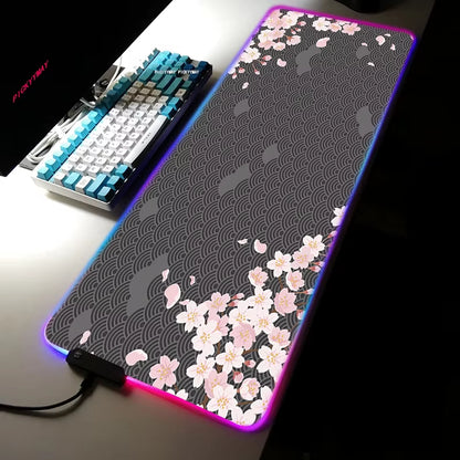 Sakura RGB Mouse Pad Gamer Accessories Large Pink LED Light Mousepads XXL Gaming PC Computer Desk with Backlit Rubber Mouse Mat