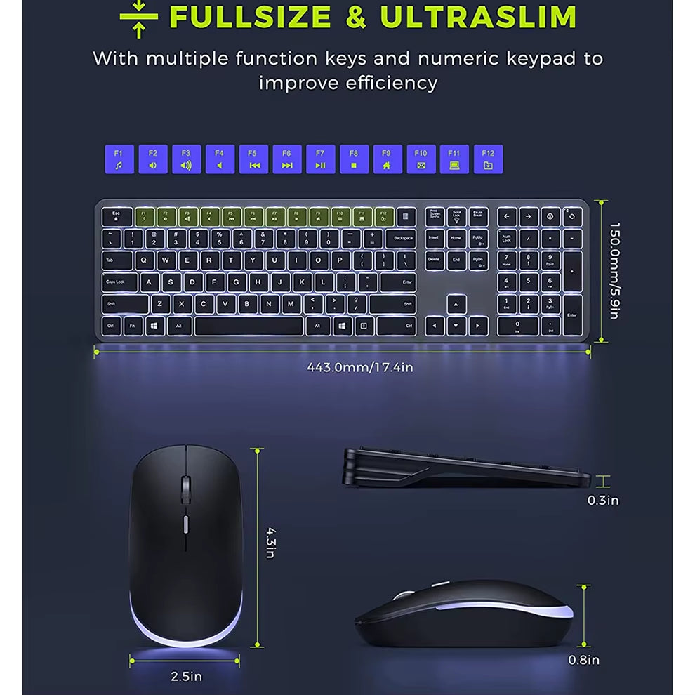 Backlight Wireless Keyboard and Mouse Combo 2.4G USB Silent Keyboard Set Rechargeable Full-Size Slim Keyboard & Mouse Set