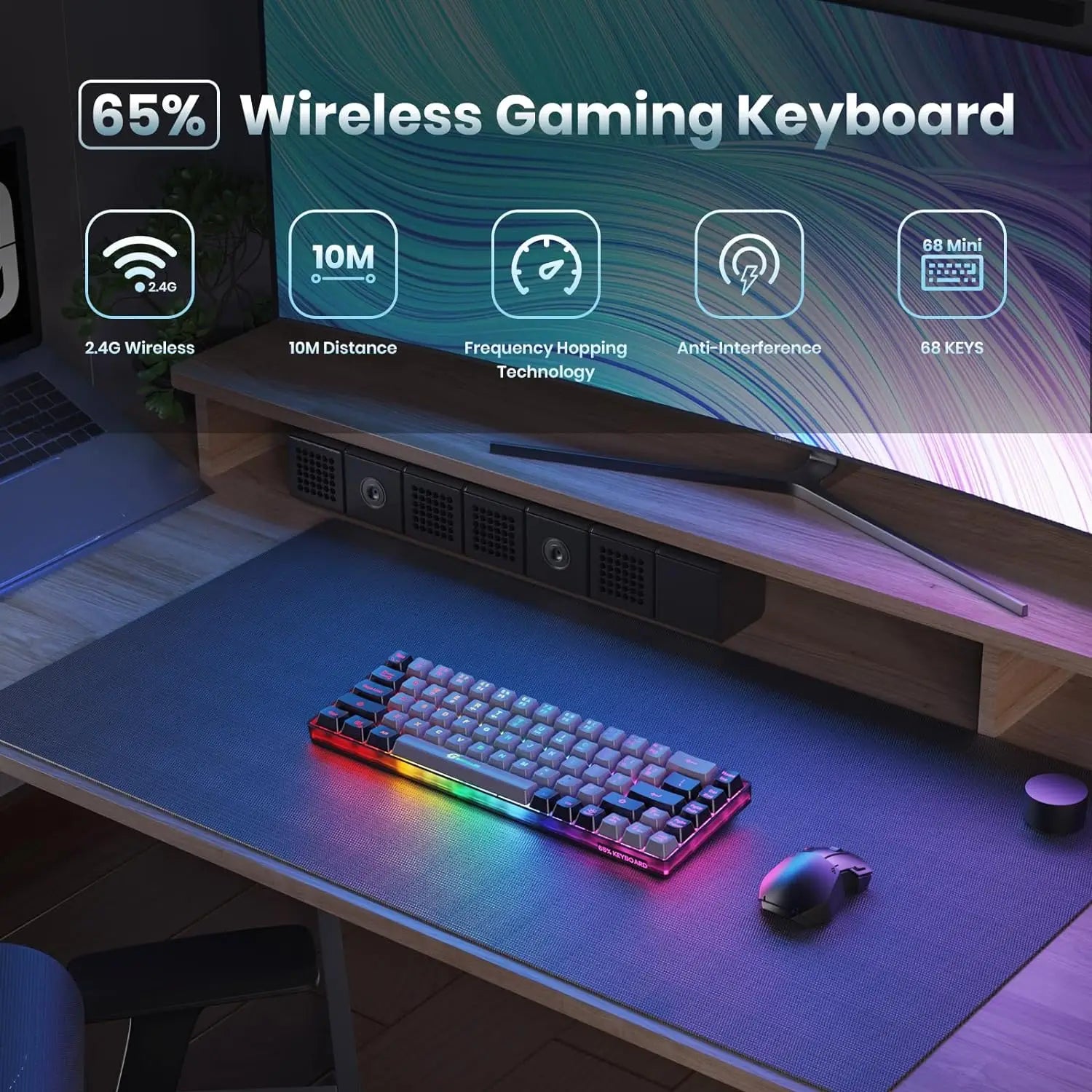 Wireless Gaming Keyboard Rechargeable Backlit Gaming Keyboard 68 Keys Membrane Keyboard for PC English/Spanish Layout