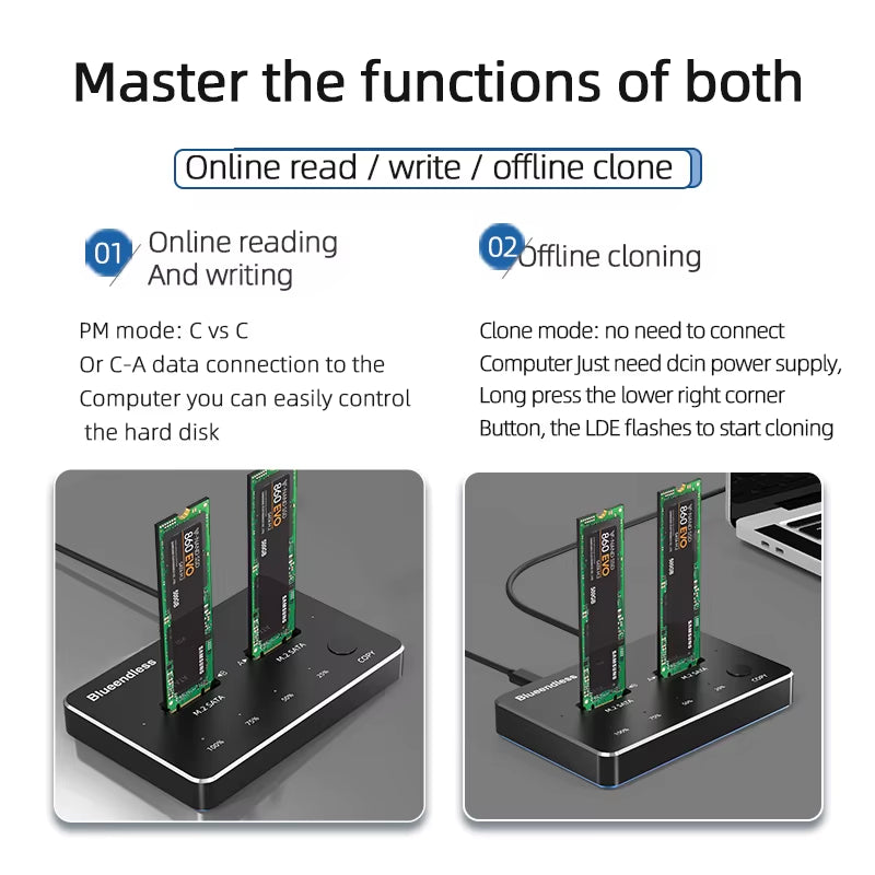 Dual Bay Ssd Enclosure Usb C M2 Ssd External Case M2 NVME/NGFF Case Ssd Hdd SSD Docking Station Usb C Clone Function