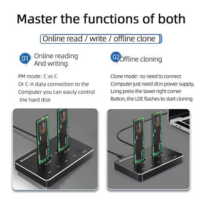 Dual Bay Ssd Enclosure Usb C M2 Ssd External Case M2 NVME/NGFF Case Ssd Hdd SSD Docking Station Usb C Clone Function