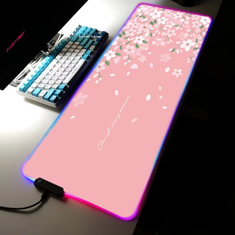 Sakura RGB Mouse Pad Gamer Accessories Large Pink LED Light Mousepads XXL Gaming PC Computer Desk with Backlit Rubber Mouse Mat