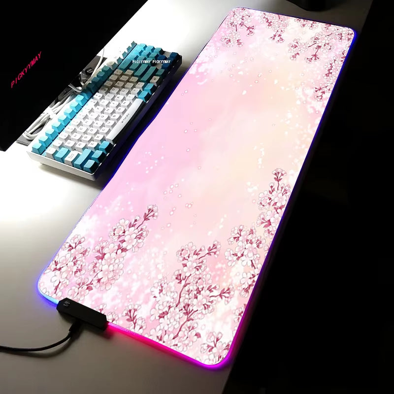 Sakura RGB Mouse Pad Gamer Accessories Large Pink LED Light Mousepads XXL Gaming PC Computer Desk with Backlit Rubber Mouse Mat