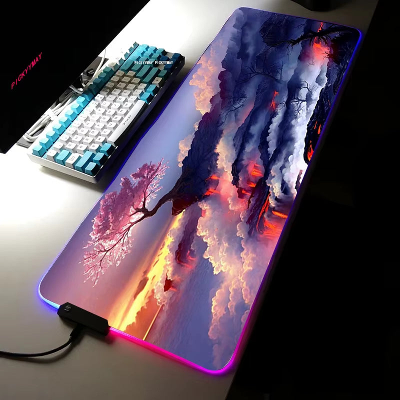 Sakura RGB Mouse Pad Gamer Accessories Large Pink LED Light Mousepads XXL Gaming PC Computer Desk with Backlit Rubber Mouse Mat