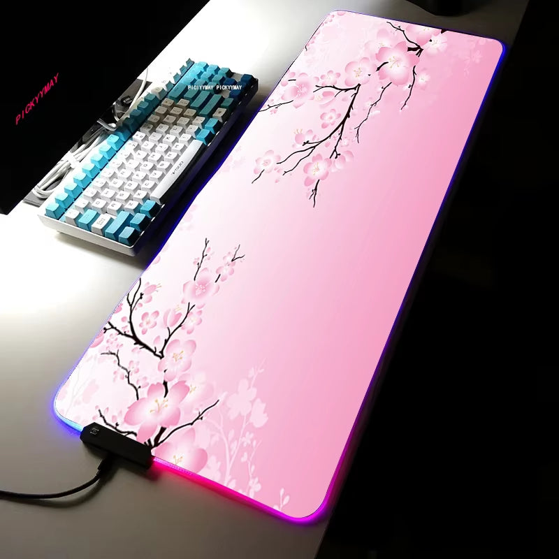 Sakura RGB Mouse Pad Gamer Accessories Large Pink LED Light Mousepads XXL Gaming PC Computer Desk with Backlit Rubber Mouse Mat