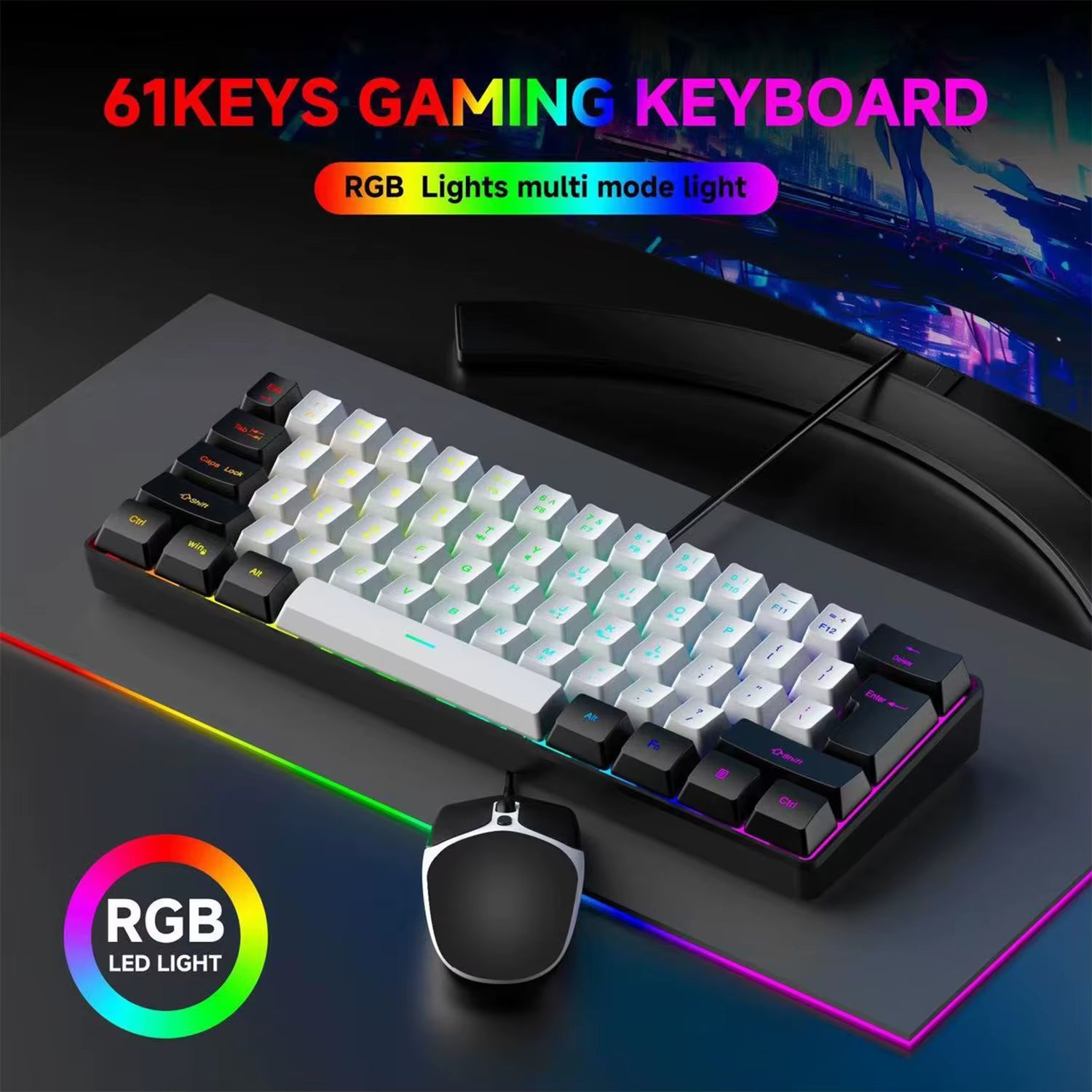 2025 New Mini 60% Compact Wired Keyboard 61 Keys RGB Backlight Membrane Keyboard for Windows PC Office Laptop Computer