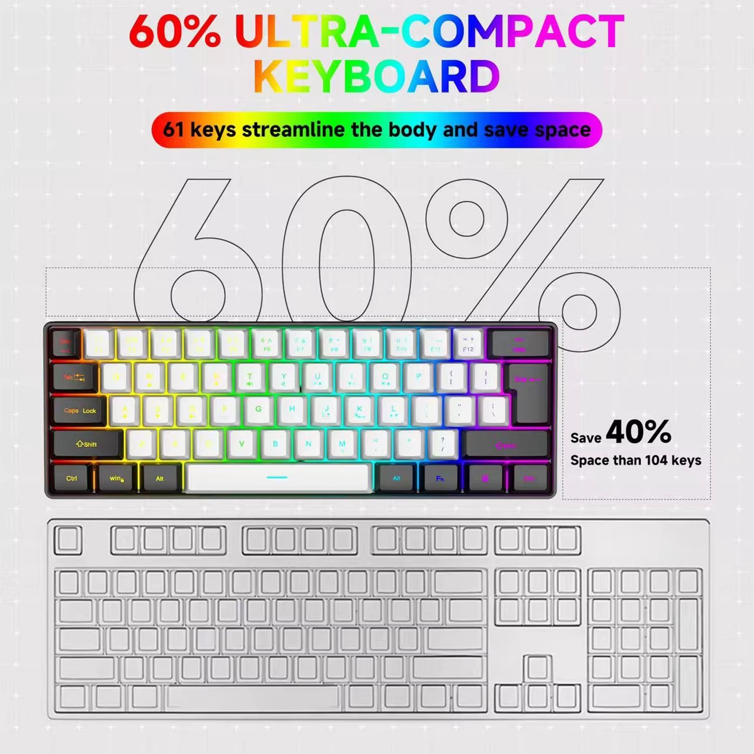 2025 New Mini 60% Compact Wired Keyboard 61 Keys RGB Backlight Membrane Keyboard for Windows PC Office Laptop Computer