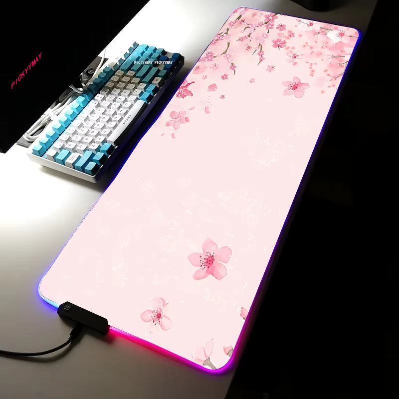 Sakura RGB Mouse Pad Gamer Accessories Large Pink LED Light Mousepads XXL Gaming PC Computer Desk with Backlit Rubber Mouse Mat